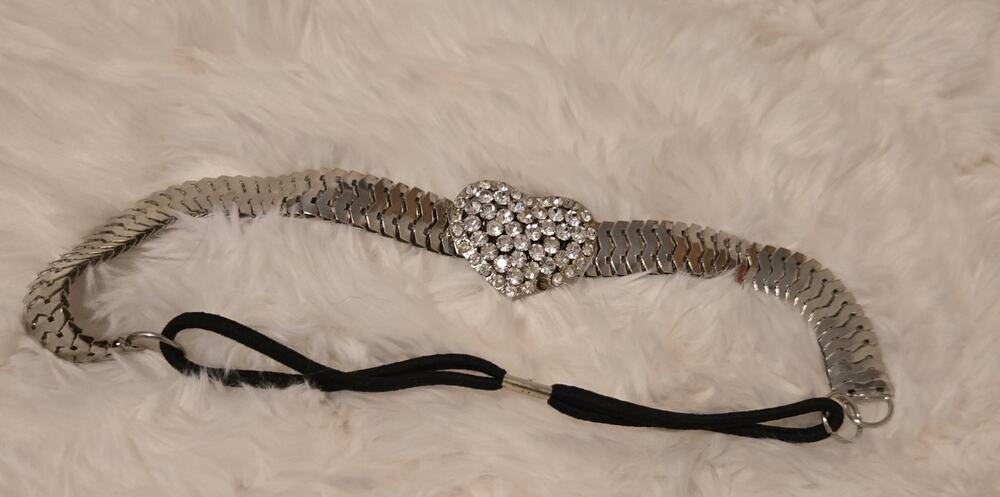 Vintage Y2K Silver Rhinestone Heart Elastic Headband